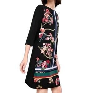 Zara Basic 3/4 Sleeve Euro Floral Print Mini Tunic Jersey Shift Dress Size Small